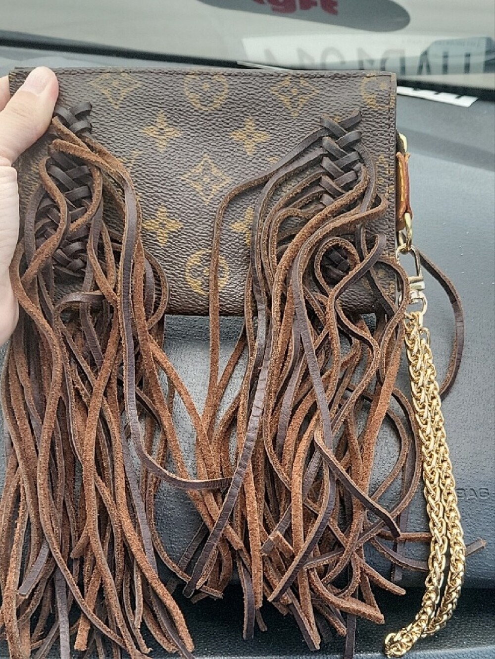 Authentic LOUIS VUITTON PARIS Brown Fringe Wristlet Gold LV Chain - Picture 3 of 6